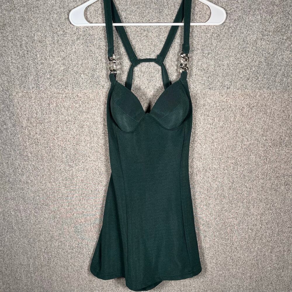 True Vintage Sexy Emerald Green Mini Dress Built-In Bra Womens Sz XS Whimsygoth - Picture 2 of 13